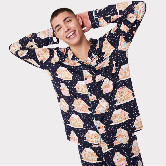 Mens' Navy Gingerbread Houses Print Long Pj Set - Picture 2 of 4